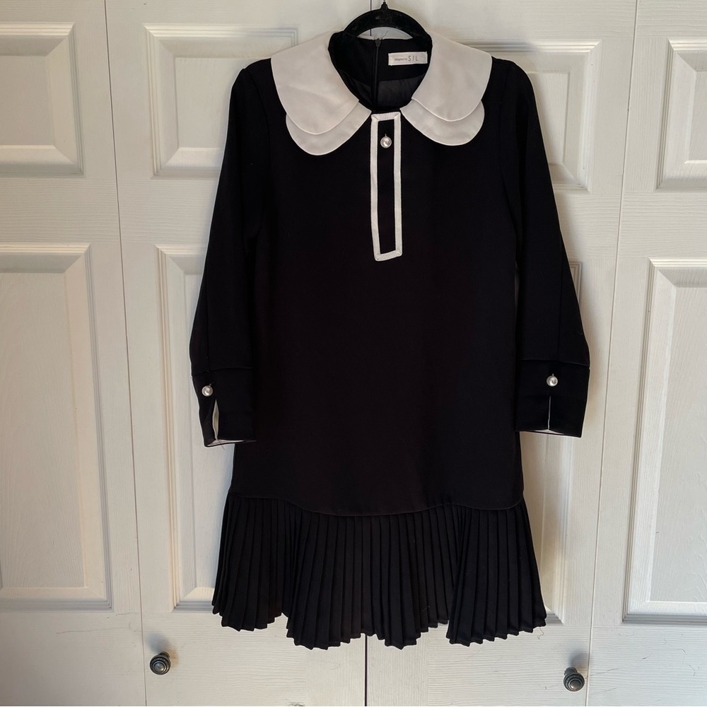 SIL Black and White Peter Pan Collar Mini Dress Pearl Detailing Pleated Skirt S